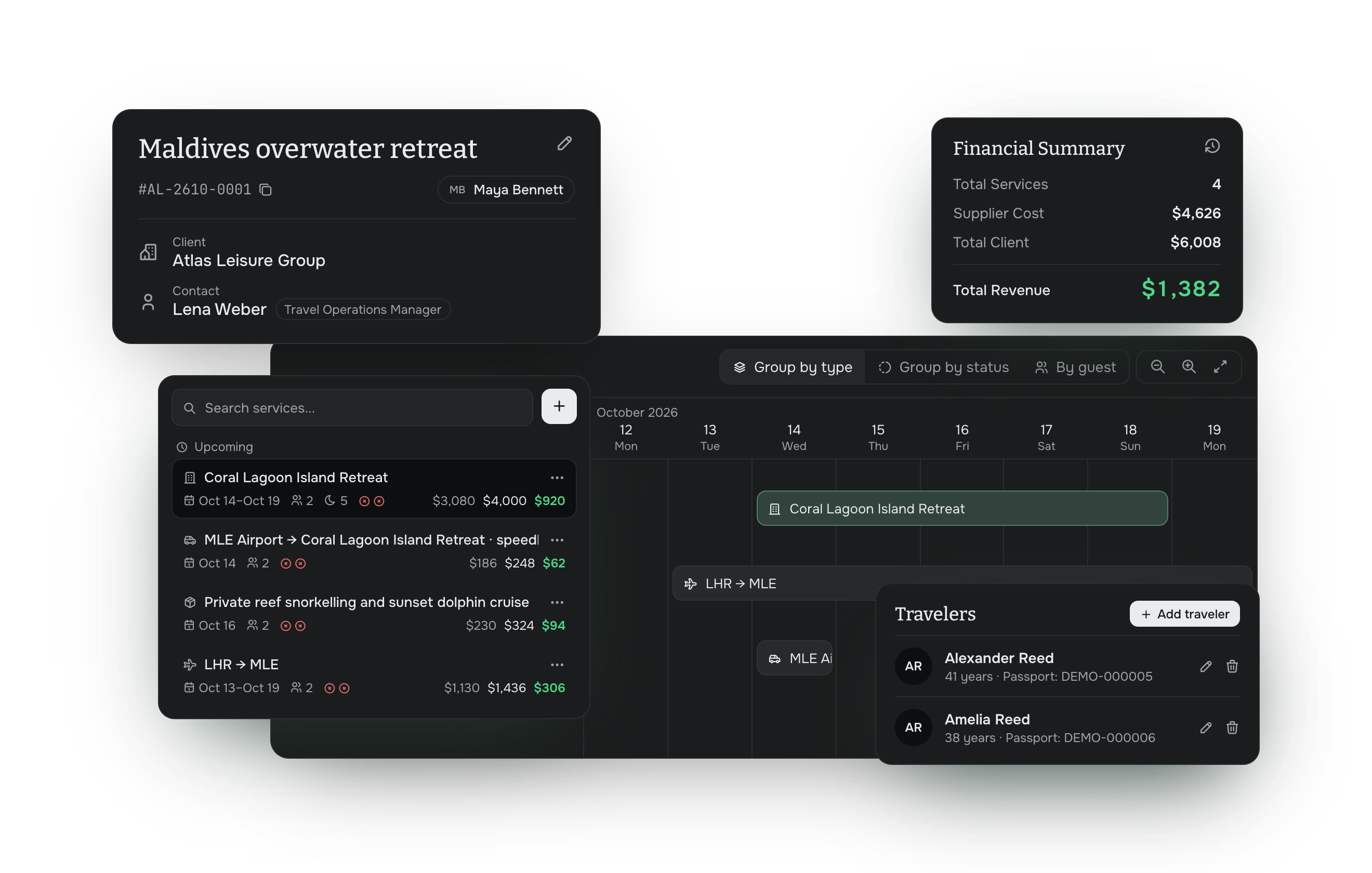 Connected trip with services, timeline, guests, and financial summary
