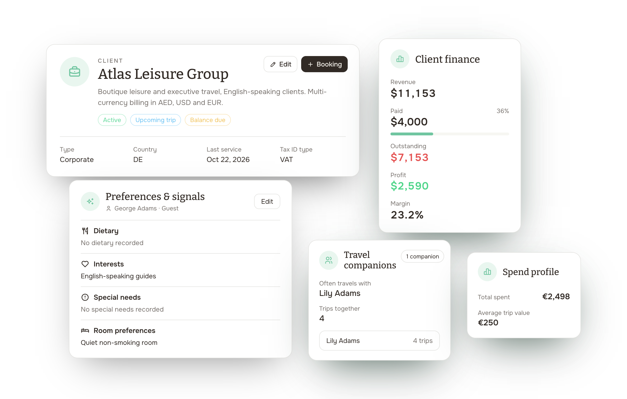 Client profile, guest preferences, travel companions, and financial context