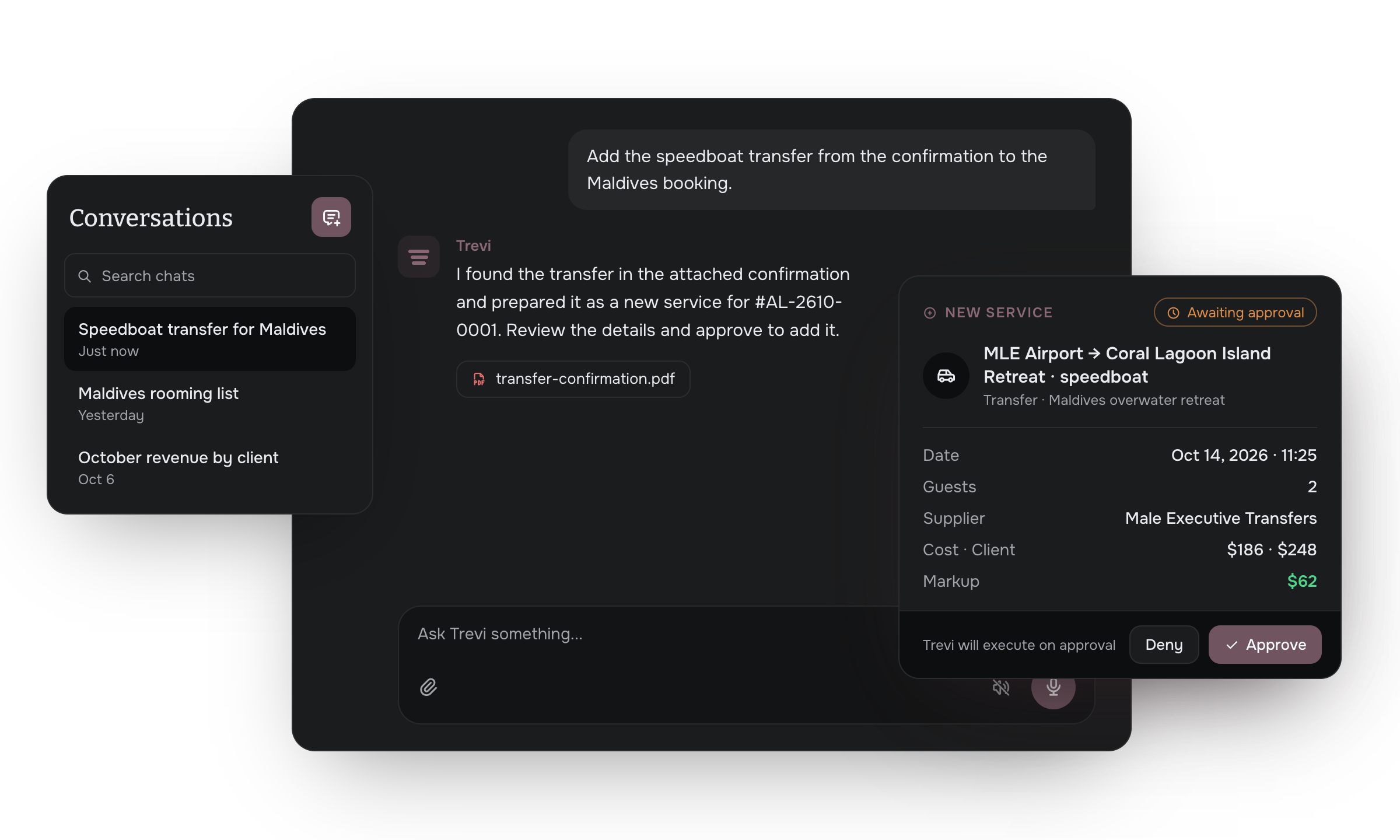 Trevi AI assistant workspace for travel operations