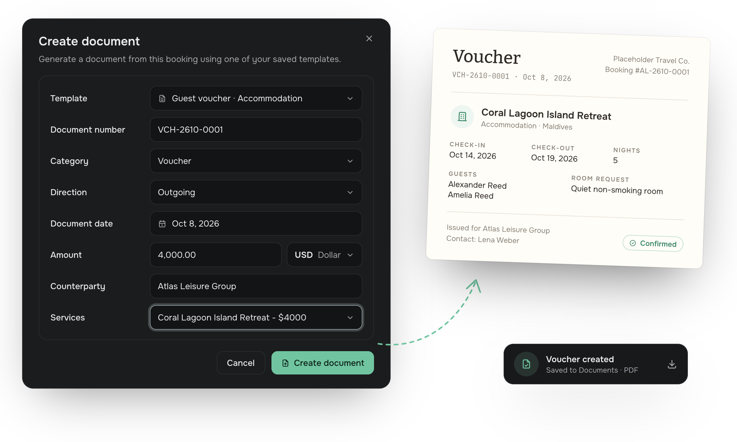 Travel documents and document generation connected to booking services