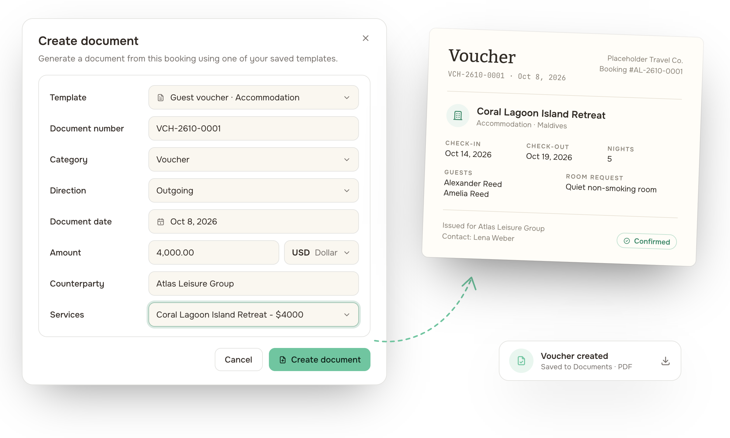 Travel documents and document generation connected to booking services